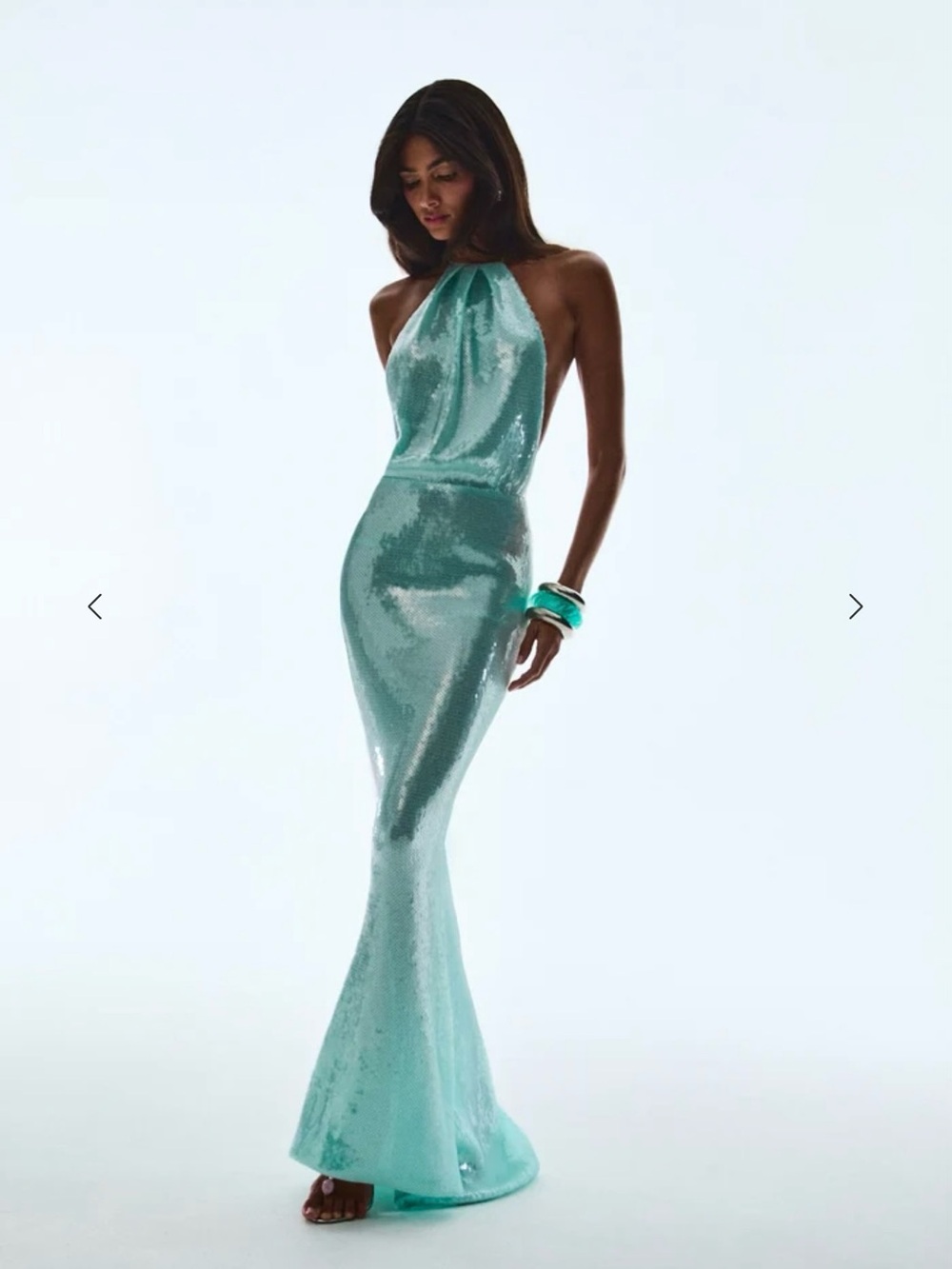 Retrofete Aqua Sequin Backless Halter Gown